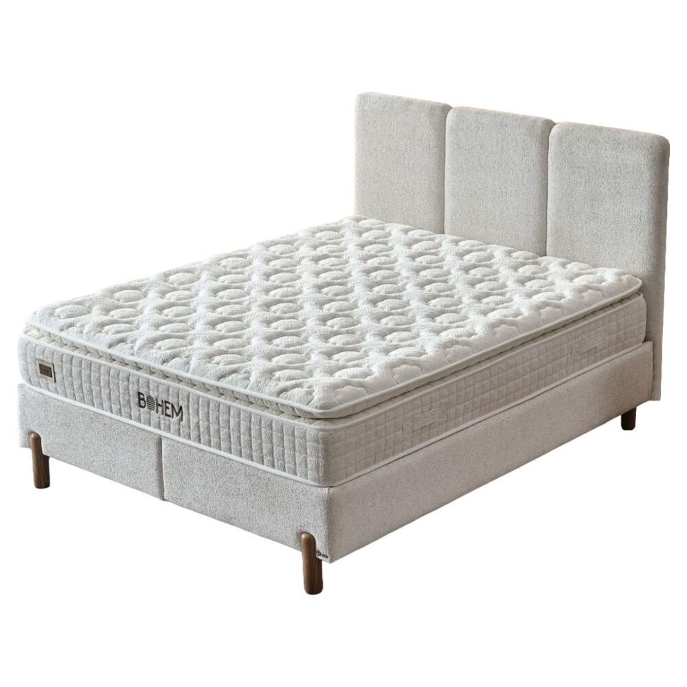 Επενδυμένο Κρεβάτι BOHEM Διπλό με Αποθηκευτικό χώρο και Ανατομικό Στρώμα Μπέζ 160x200εκ.