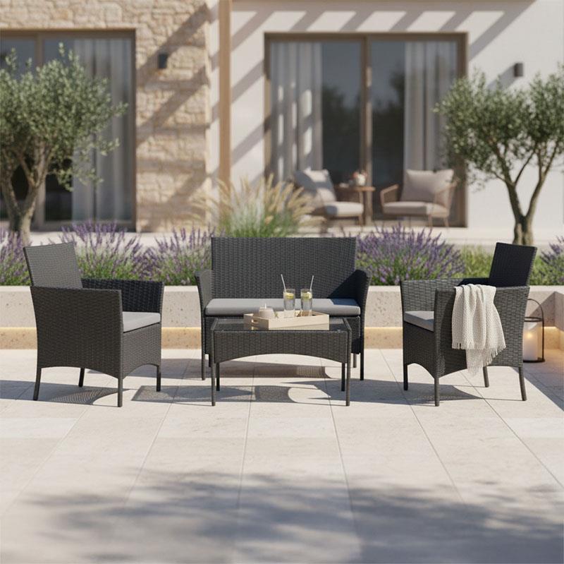 Σαλόνι κήπου Calmness σετ 4τμχ rattan μαύρο-ύφασμα γκρι Σαλόνι κήπου Calmness σετ 4τμχ rattan μαύρο-ύφασμα γκρι