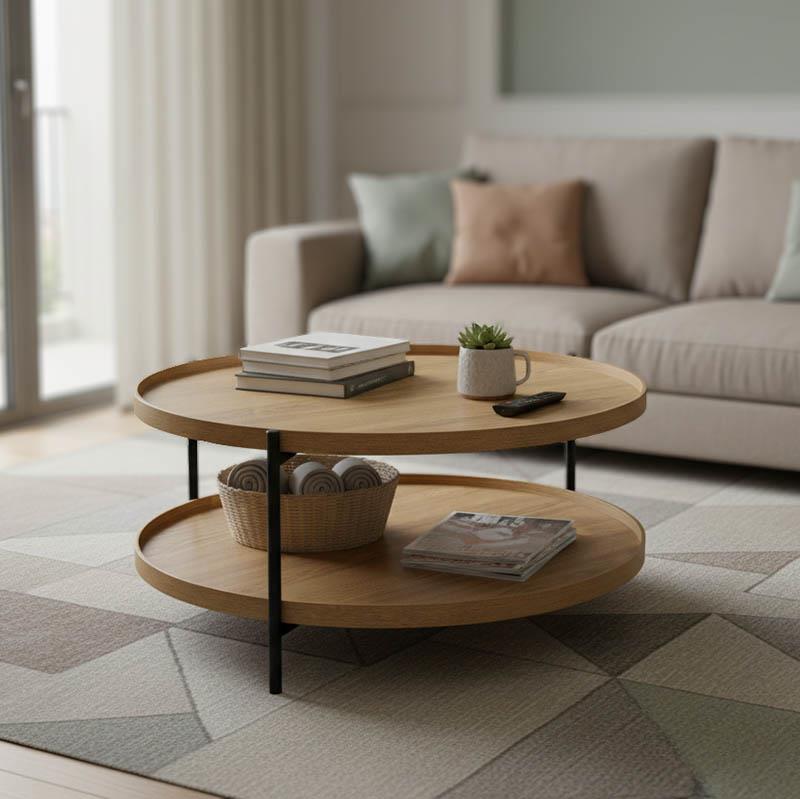 Τραπέζι σαλονιού Portogie mdf φυσικό-μέταλλο μαύρο Φ80x40εκ