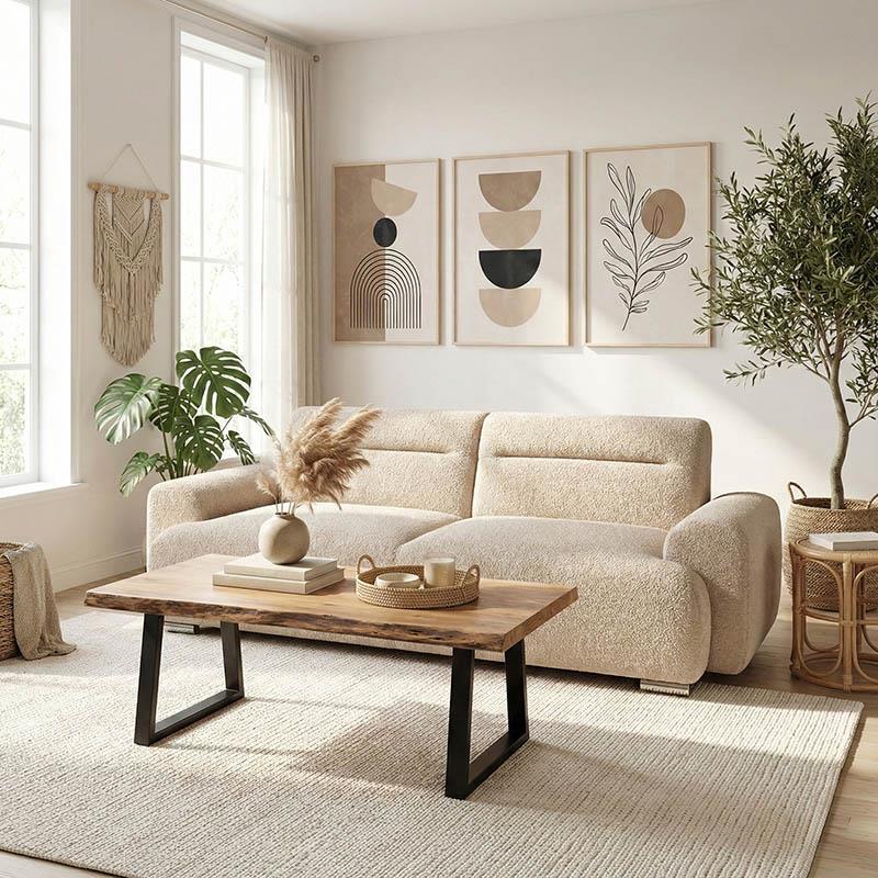 Kαναπές τριθέσιος Harmonious μπουκλέ μπεζ 223x42x114εκ