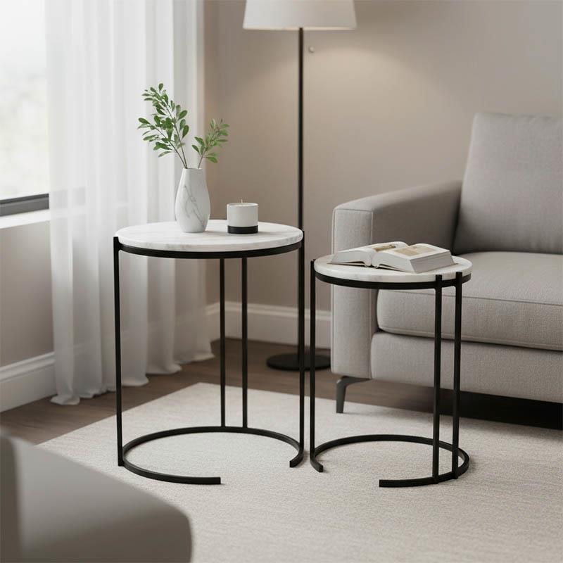 Boηθητικά τραπέζια σαλονιού σετ 2τεμ Luxere Inart μαύρο μέταλλο-λευκό μαρμάρου Boηθητικά τραπέζια σαλονιού σετ 2τεμ Luxere Inart μαύρο μέταλλο-λευκό μαρμάρου