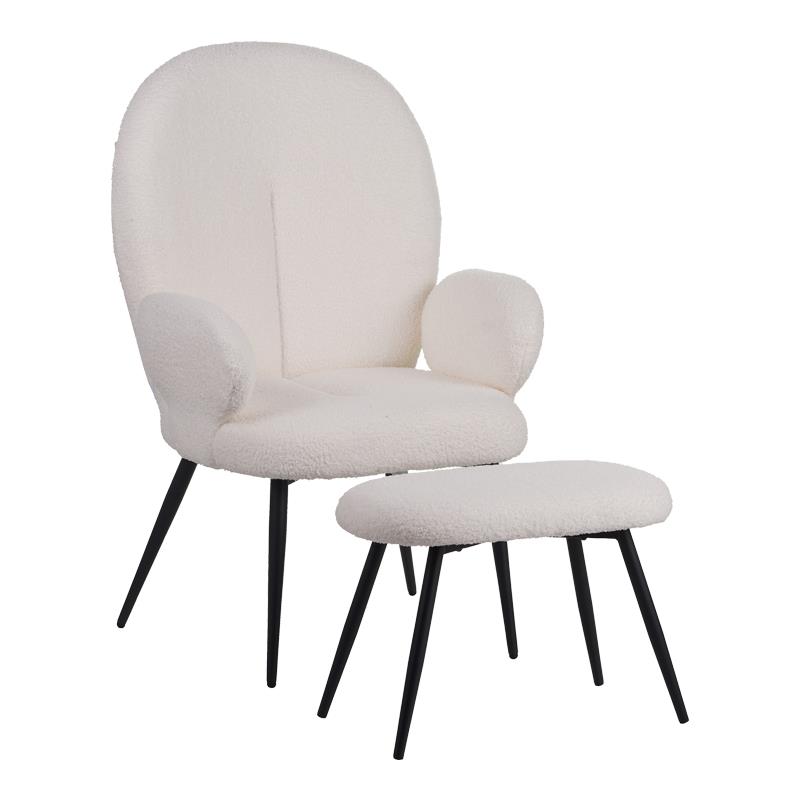 Πολυθρόνα Qarar με υποπόδιο μπουκλέ ύφασμα σε λευκή απόχρωση με μαύρα μεταλλικά πόδια 67.5x67.5x106εκ