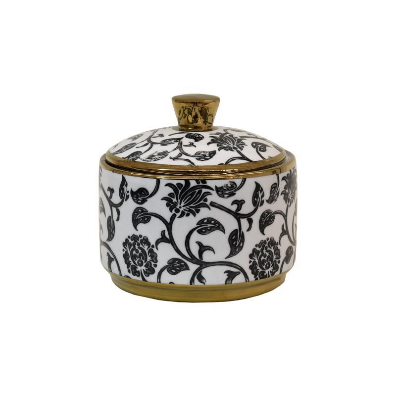 Κεραμικό Δοχείο με Καπάκι FL22960 Fylliana Μαύρο - Λευκό - Χρυσό Φ13x13 εκ.