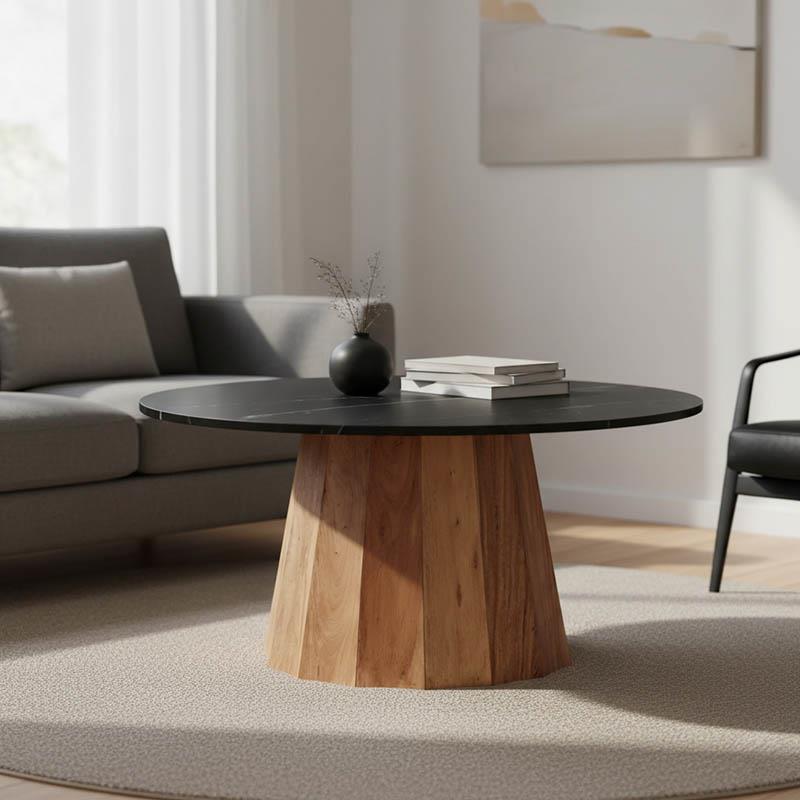 Τραπεζάκι σαλονιού Ezerdian μασίφ ξύλο ακακίας σε φυσικό με επιφάνεια μαύρου μαρμάρου Φ90x45εκ