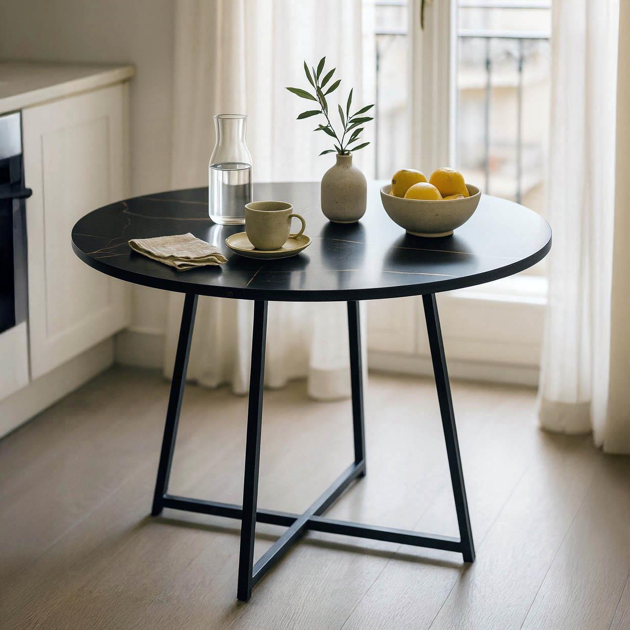 Τραπέζι Sarah Ι σε μαύρο μαρμάρου απόχρωση με μαύρα μεταλλικά πόδια Φ100x76εκ