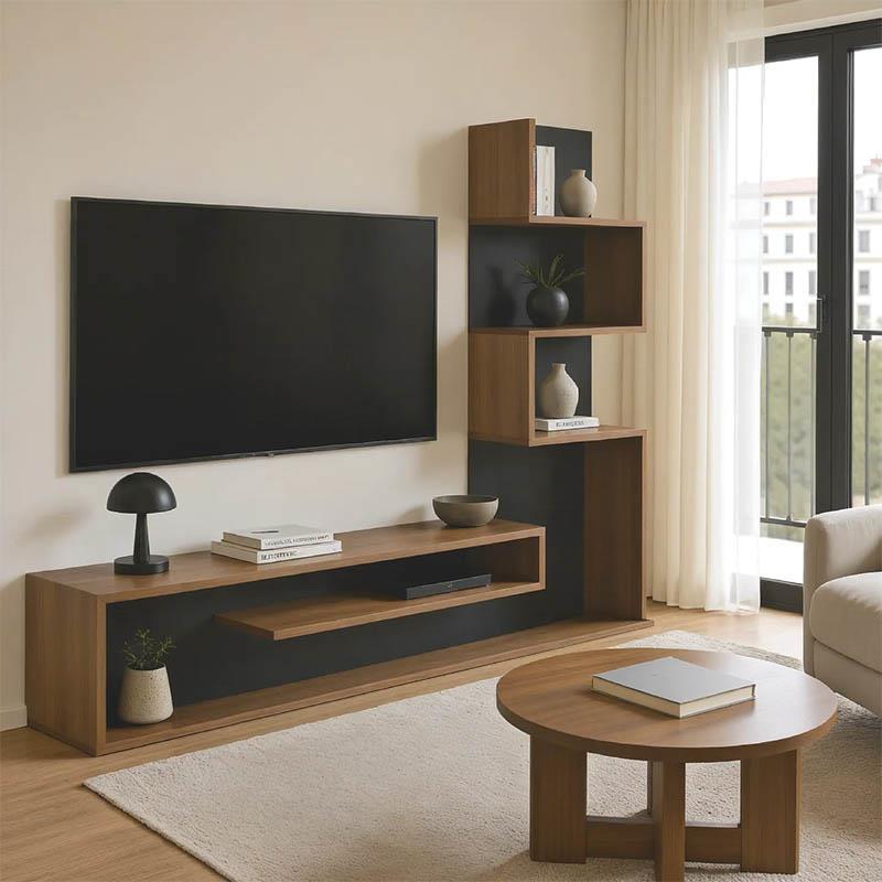 Έπιπλο τηλεόρασης με βιβλιοθήκη Cazenda σε oak με ανθρακί απόχρωση 160x29x126εκ