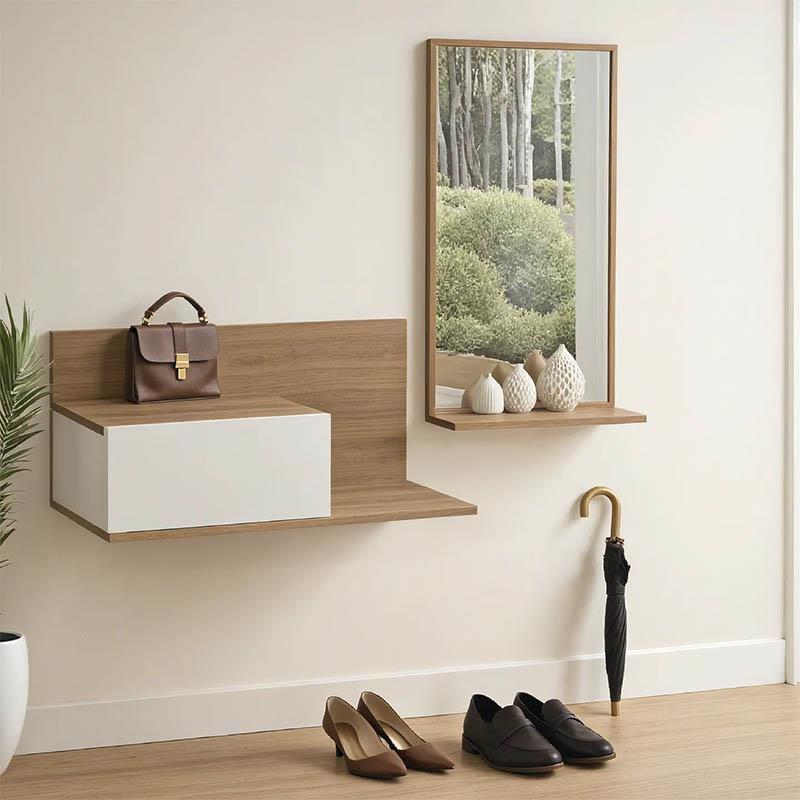 Έπιπλο εισόδου με καθρέπτη Miranda σε λευκή-oak απόχρωση 60x30x89.5εκ