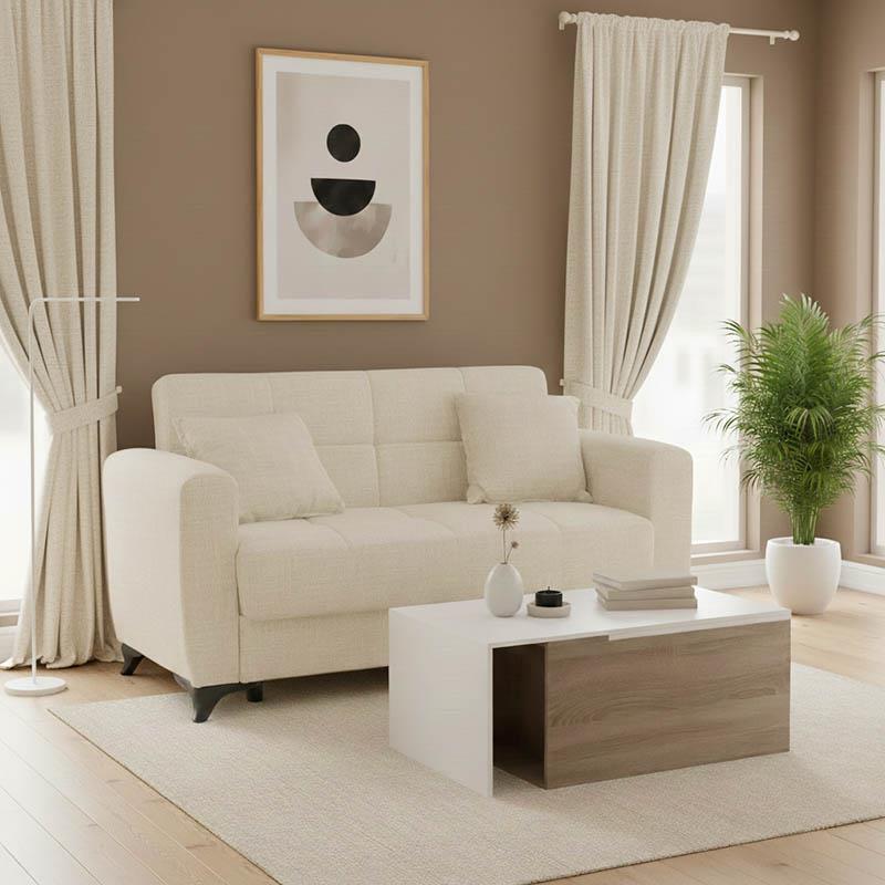 Καναπές-κρεβάτι Modesto διθέσιος με αποθηκευτικό χώρο κρεμ ύφασμα 155x85x80εκ.