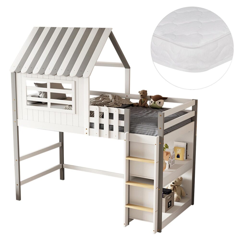 Κουκέτα Παιδική με Ράφια HOMI Ξύλο Πεύκου Λευκό -Γκρί με 2 Στρώματα 90x190εκ. Κουκέτα Παιδική με Ράφια HOMI Ξύλο Πεύκου Λευκό -Γκρί με 2 Στρώματα 90x190εκ.