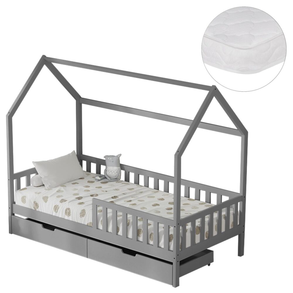 Παιδικό Κρεβάτι με Συρτάρια και Στρώμα PHYLLIS Ξύλο Πεύκου σε Γκρί 90x190εκ.