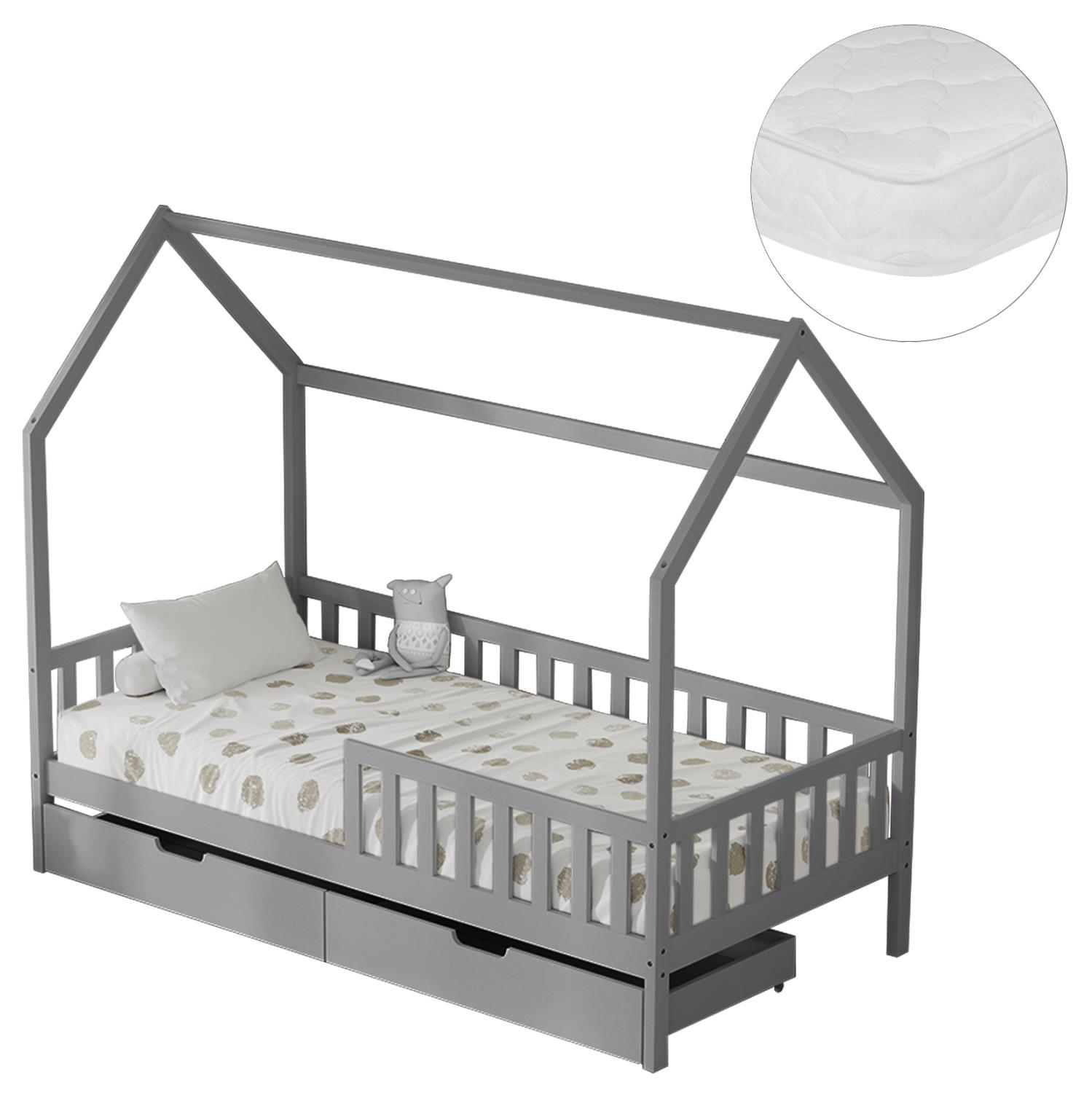 Παιδικό Κρεβάτι με Συρτάρια και Στρώμα PHYLLIS Ξύλο Πεύκου σε Γκρί 90x190εκ.