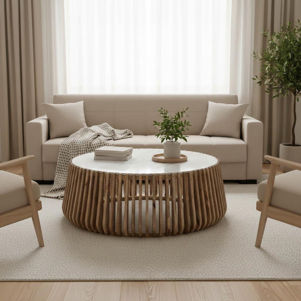 Τραπέζι σαλονιού Mable mango ξύλο σε φυσική απόχρωση με επιφάνεια μαρμάρου Φ120x45εκ Τραπέζι σαλονιού Mable mango ξύλο σε φυσική απόχρωση με επιφάνεια μαρμάρου Φ120x45εκ