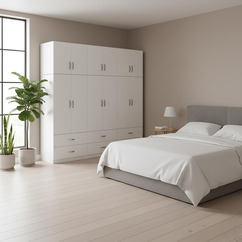 Ντουλάπα εξάφυλλη με συρτάρια και πατάρι Lego λευκή 240x42x240εκ