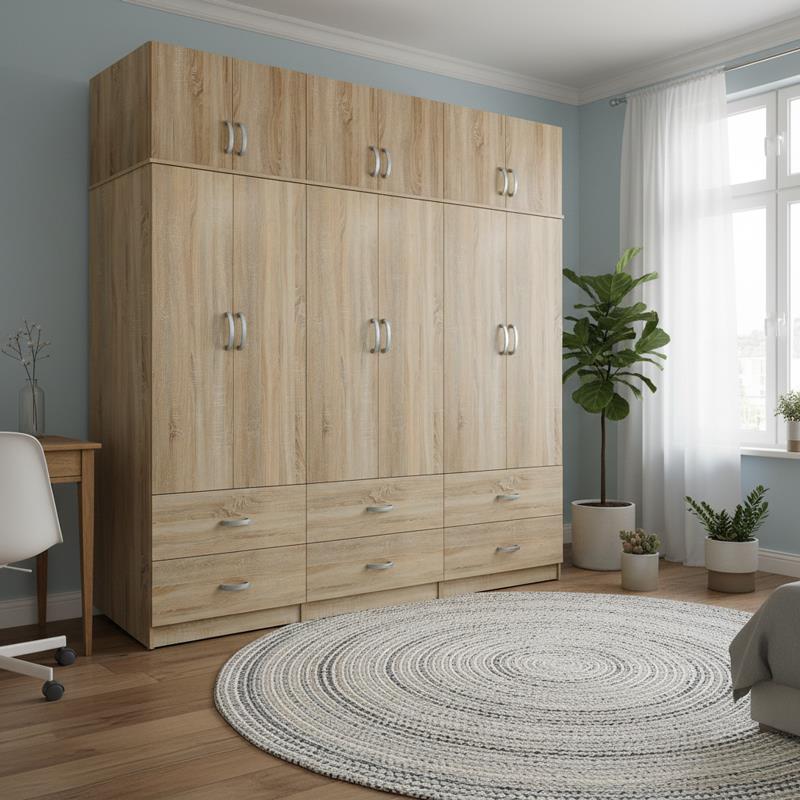 Ντουλάπα εξάφυλλη με συρτάρια και πατάρι Lego sonoma 240x42x240εκ