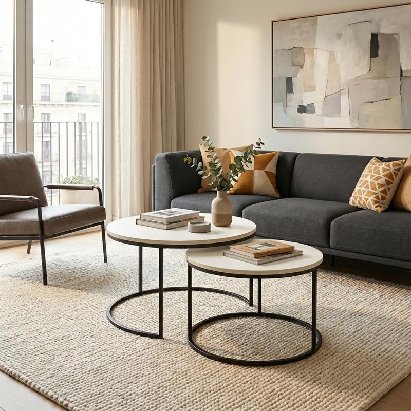 Τραπεζάκι σαλονιού Solme σετ 2τεμ κρεμ-πόδι μαύρο μέταλλο