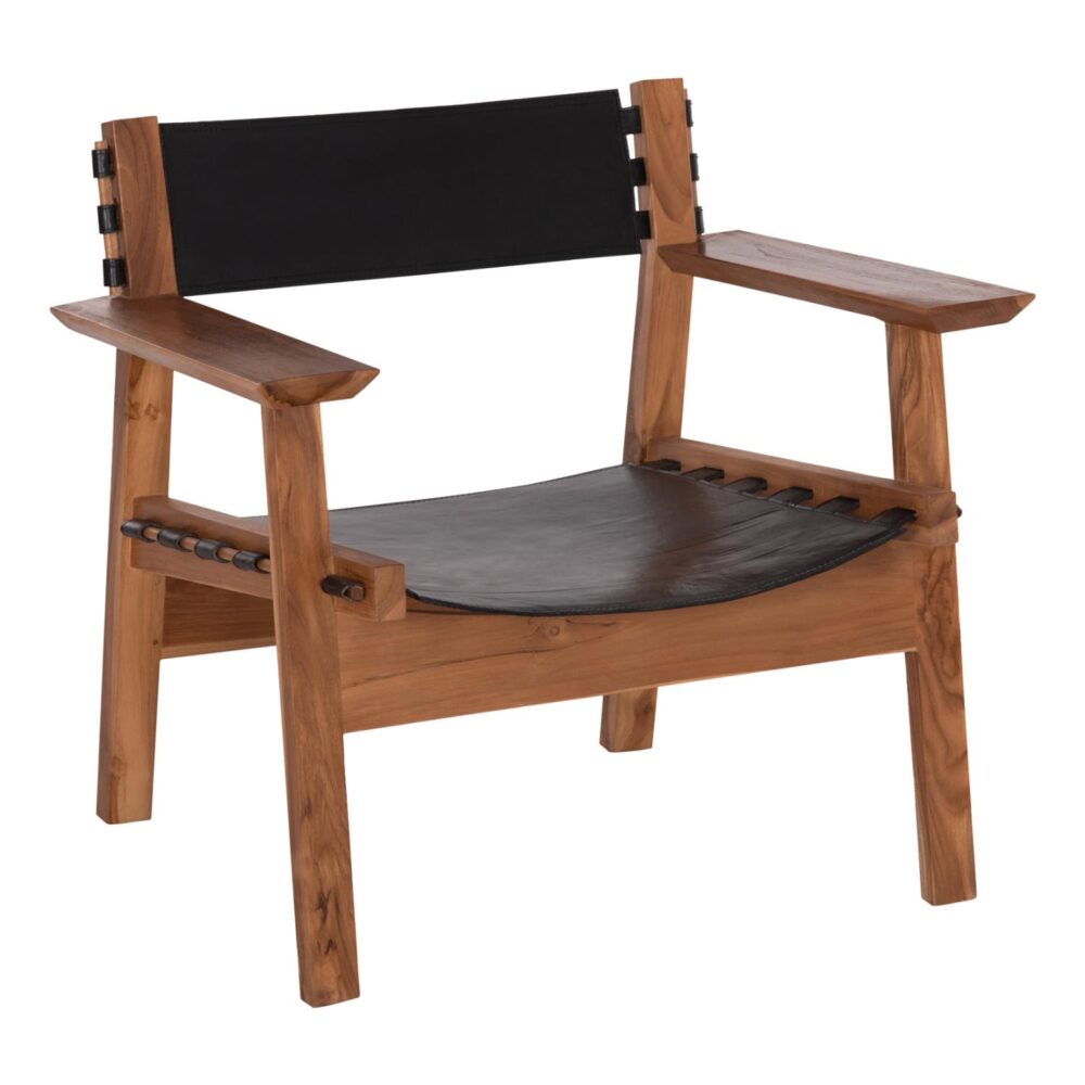 Πολυθρόνα KONNA C9928.01 Ξύλο ΤΕΑΚ Φυσικό με Μαύρο Δέρμα Αγελάδος 80x64x73Υεκ.