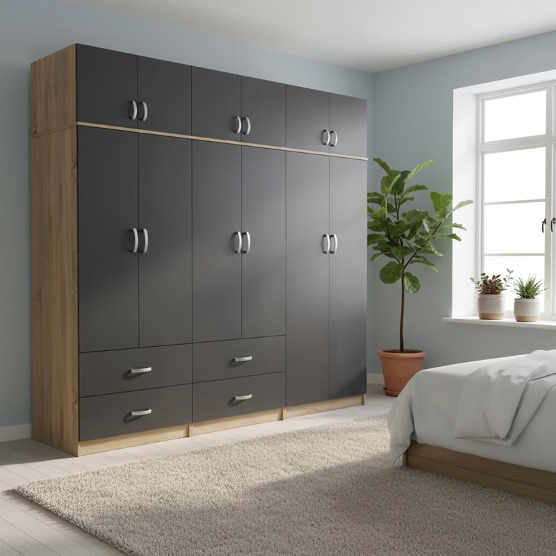 Ντουλάπα εξάφυλλη με πατάρι Lego sonoma-ανθρακί 240x42x240εκ