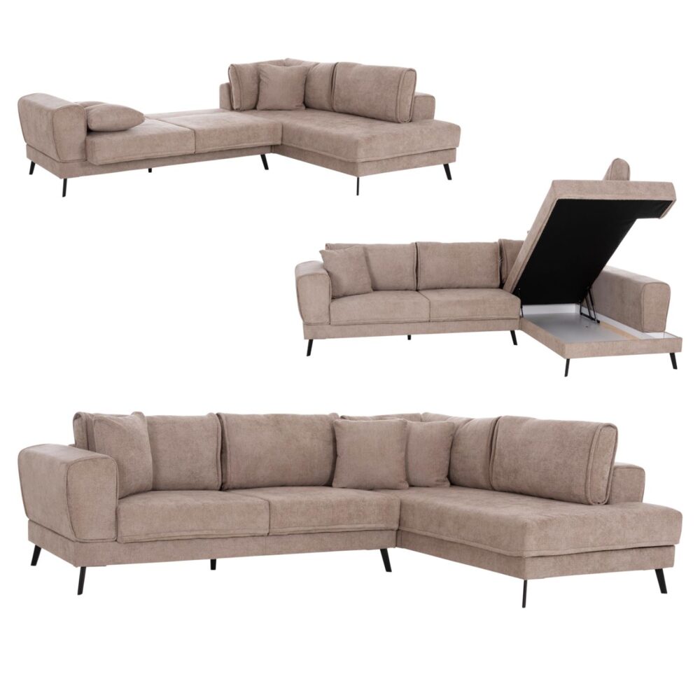 Γωνιακός Καναπές ZENORA Δεξιά γωνία σε Μπέζ Ύφασμα 303x214x80Υεκ.