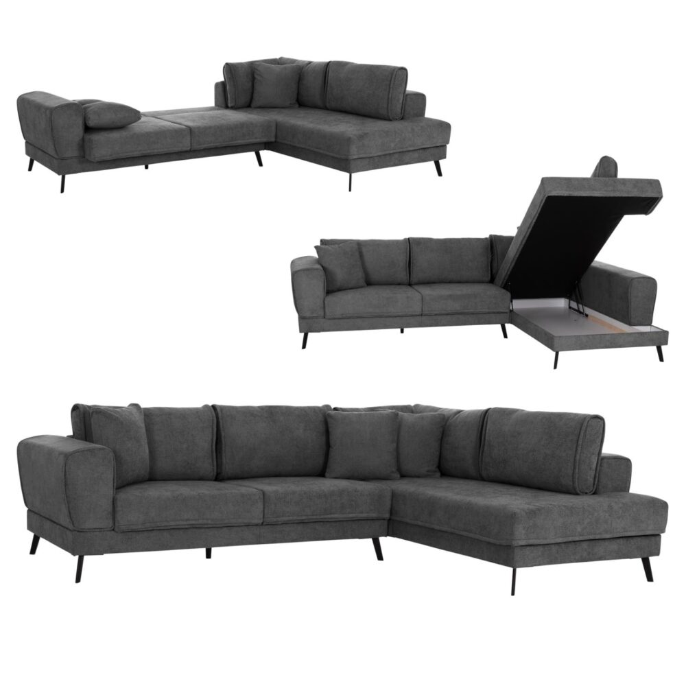 Γωνιακός Καναπές ZENORA Δεξιά γωνία σε Σκούρο Γκρί Ύφασμα 303x214x80Υεκ.