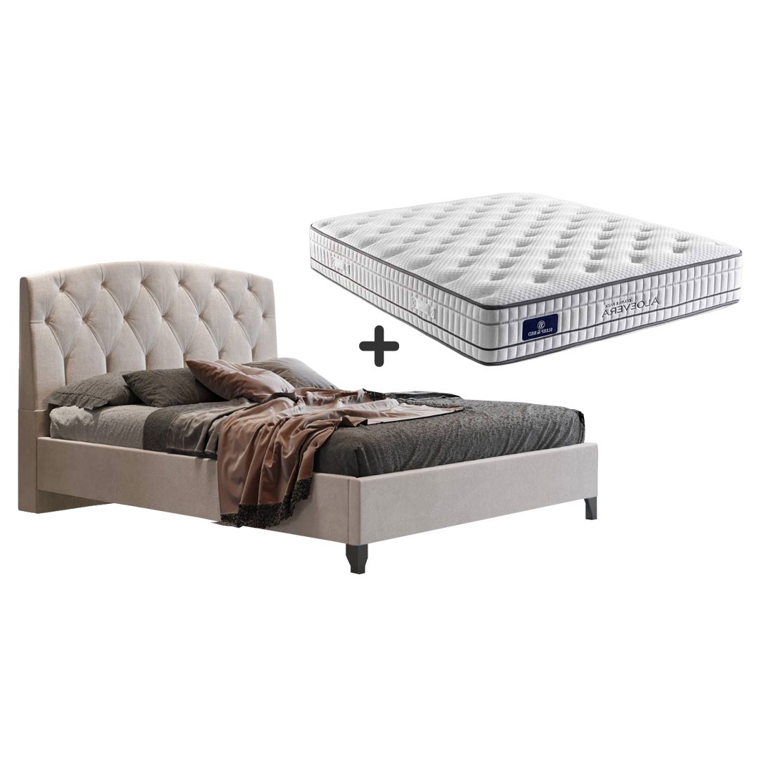 Επενδυμένο κρεβατι ROYAL Διπλό Εκρού με Ανατομικό Στρώμα ALOESSA 160x200 εκ.