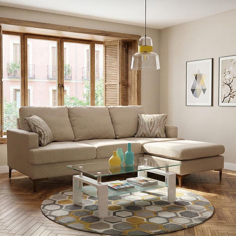 Γωνιακός καναπές με σκαμπό Slim υφασμάτινος χρώμα μπεζ με μαξιλάρια 185x140x70εκ