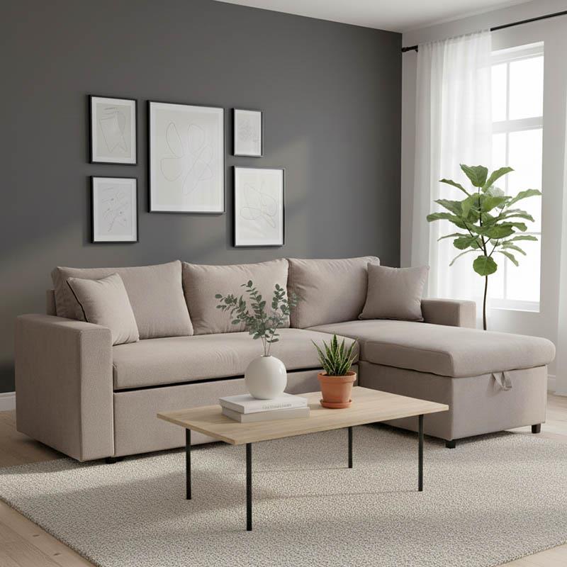 Γωνιακός καναπές-κρεβάτι αναστρέψιμος Lilian ύφασμα μπεζ 225x148x81εκ