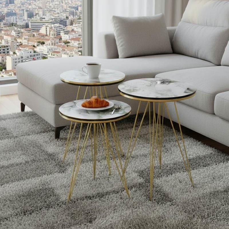 Τραπεζάκια σαλονιού Βοηθητικά Wakmi σετ 3 τεμ. σε λευκό μπεζ μάρμαρο μελαμίνη - χρυσό μέταλλο