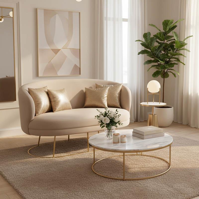 Καναπές διθέσιος Rony βελούδο μπεζ-πόδι χρυσό μέταλλο 135x75x85εκ
