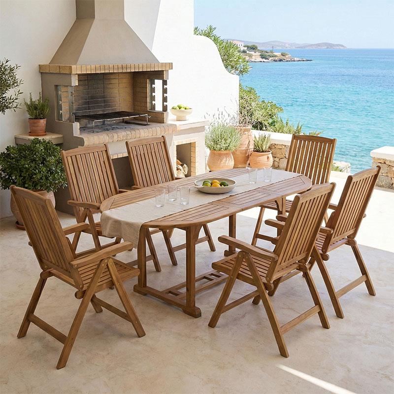 Τραπεζαρία Zerco-Sopho σετ 7τεμ φυσικό μασίφ ξύλο ακακίας 200/150x100x75εκ