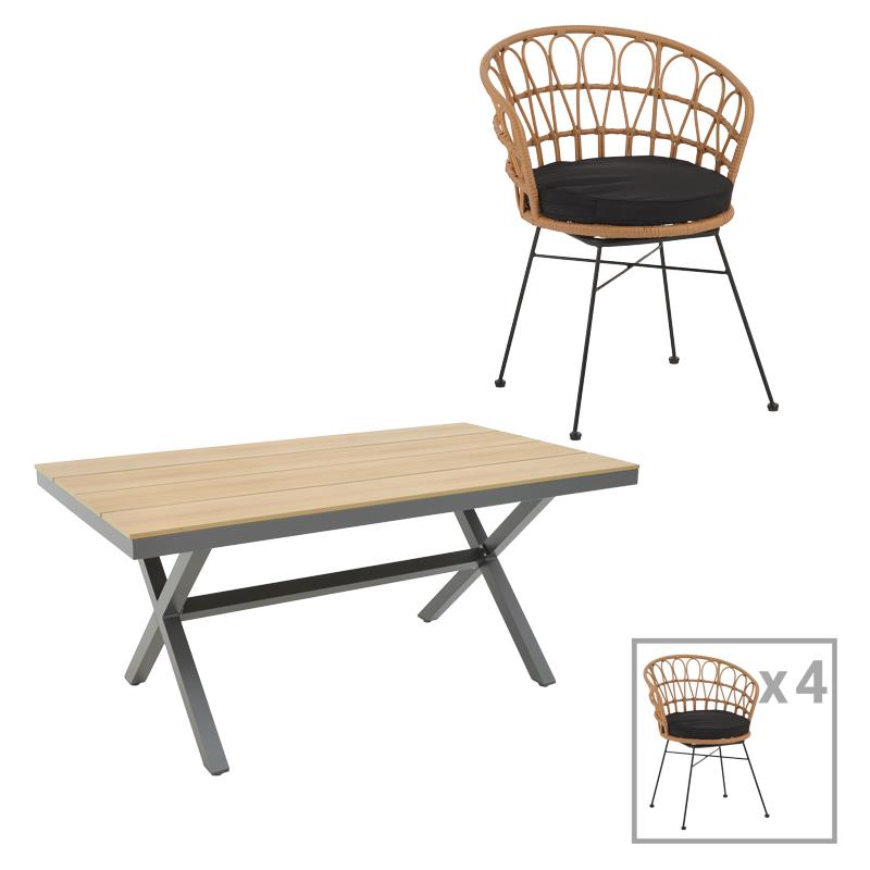 Σετ Τραπεζαρία Thorio-Felicia 5τεμ ανθρακί αλουμίνιο και plywood σε φυσική απόχρωση 160x90x75εκ