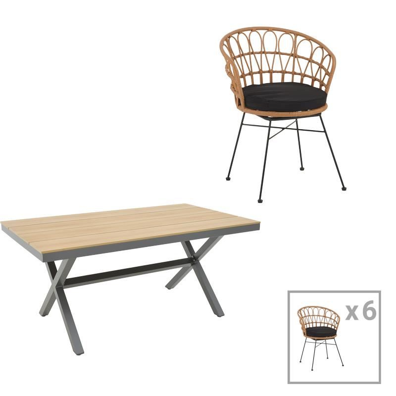 Σετ Τραπεζαρία Thorio-Felicia 7τεμ ανθρακί αλουμίνιο και plywood σε φυσική απόχρωση 160x90x75εκ