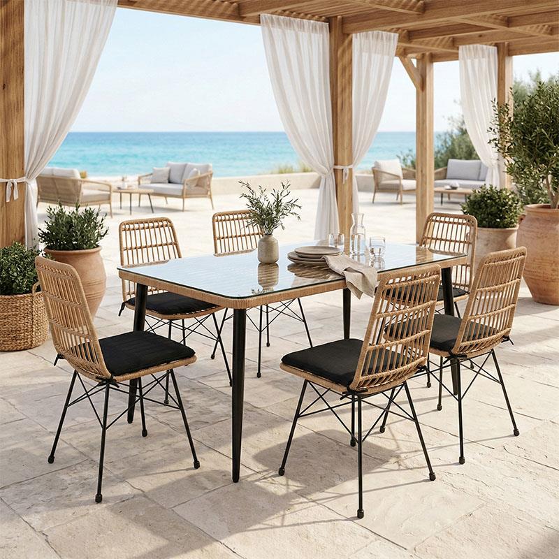 Σετ κήπου Τραπεζαρία Naoki U σετ 7τεμ rattan pe σε φυσικό και μαύρο μέταλλο 160x90x78εκ