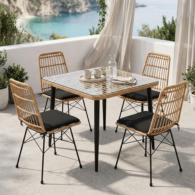 Σετ κήπου Τραπεζαρία Naoki U 5τεμ rattan pe σε Φυσικό και Μαύρο μέταλλο 80x80x78εκ.