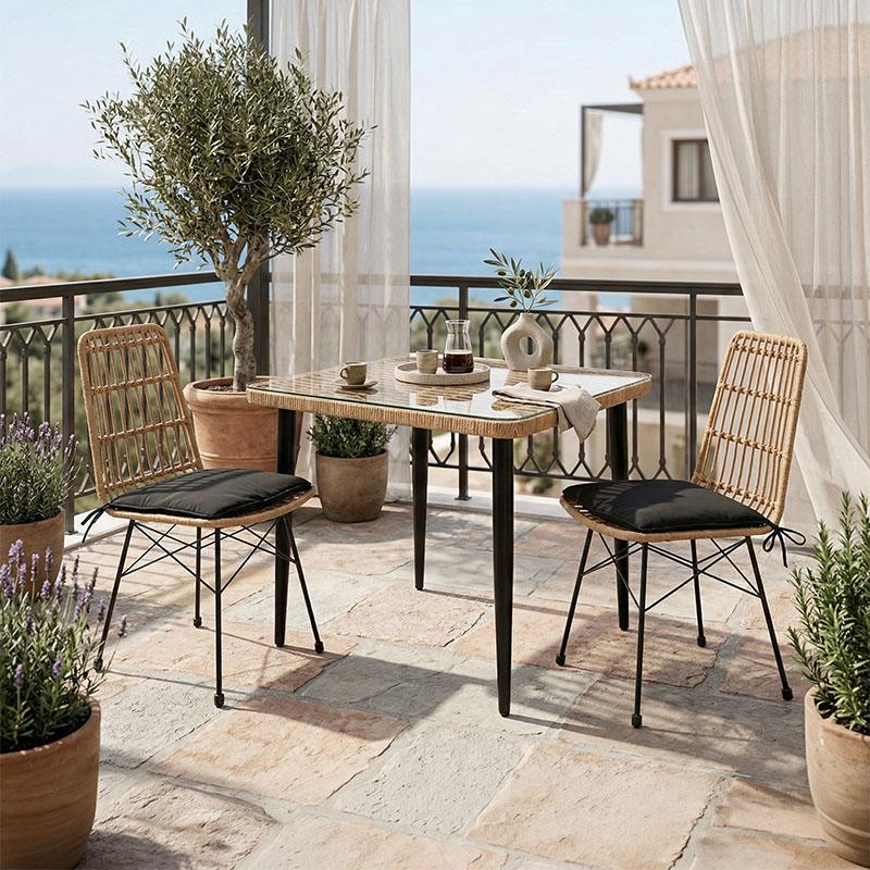 Τραπεζαρία Naoki U σετ 3τεμ rattan pe σε φυσική απόχρωση και μαύρο μέταλλο 80x80x78εκ