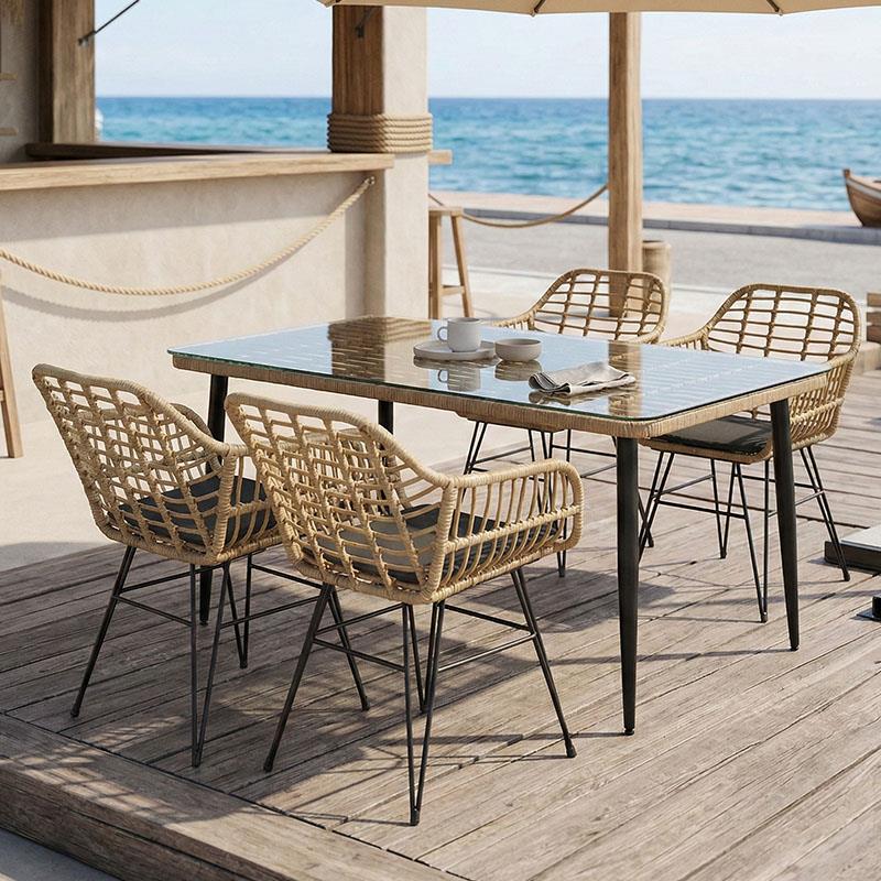 Σετ κήπου Τραπεζαρία Naoki Χ σετ 5τεμ rattan pe σε φυσικό και μαύρο μέταλλο 160x90x78εκ