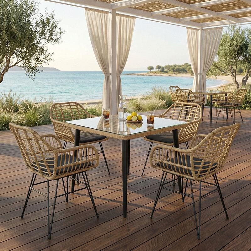 Σετ κήπου Τραπεζαρία Naoki V σετ 5τεμ rattan pe σε φυσικό και μαύρο μέταλλο 80x80x78εκ