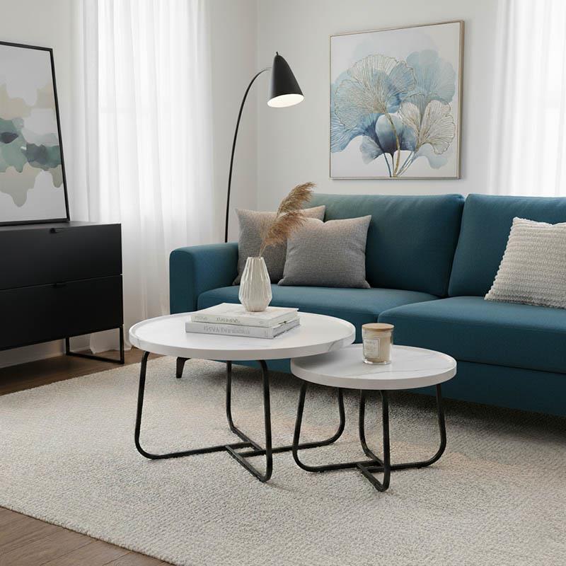 Tραπέζια σαλονιού Crismory σετ 2τεμ MDF σε απόχρωση λευκό μαρμάρου και μαύρα μεταλλικά πόδια