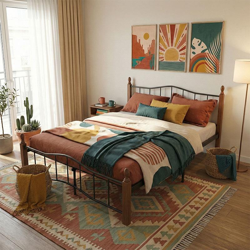 Κρεβάτι διπλό Faryn καρυδί rubberwood-μαύρο μέταλλο 150x200εκ