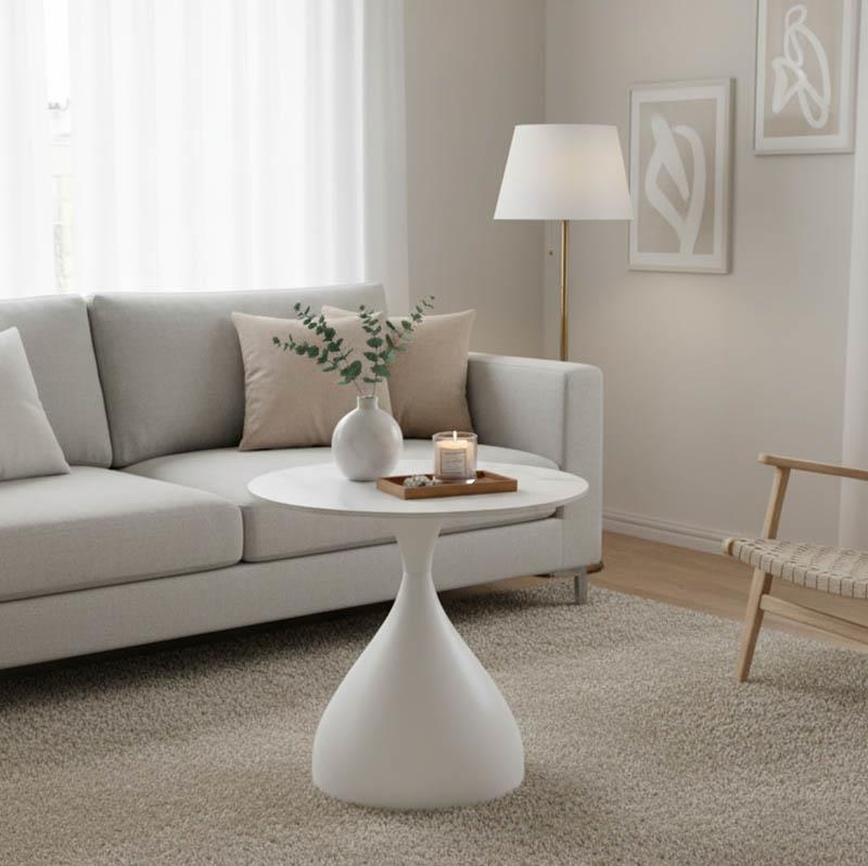 Βοηθητικό τραπεζάκι σαλονιού Kirkene Inart sintered stone σε λευκό μαρμάρου με λευκό μέταλλο Φ50x50εκ