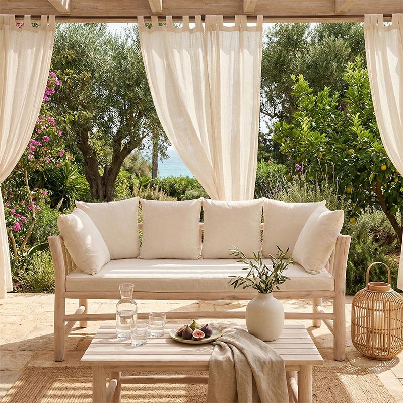 Καναπές διθέσιος Dranjere teak ξύλο σε φυσική απόχρωση με μπεζ ύφασμα 162x80x71εκ