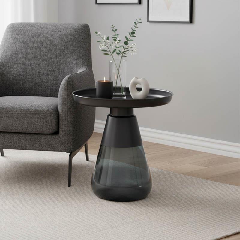 Βοηθητικό τραπέζι Kunlo Inart μαύρο μέταλλο-μαύρο γυαλί Φ50x53.5εκ