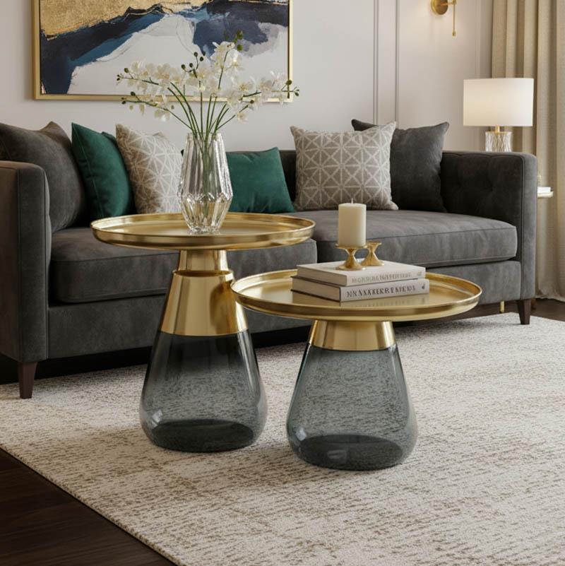 Βοηθητικά τραπέζια Kunlo Inart σετ 2τεμ χρυσό χρώμιο-μαύρο γυαλί Βοηθητικά τραπέζια Kunlo Inart σετ 2τεμ χρυσό χρώμιο-μαύρο γυαλί