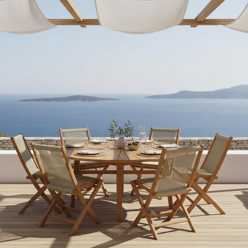 Τραπεζαρία 7τεμ. Banou-Colen teak ξύλο σε φυσική απόχρωση Φ150x75εκ