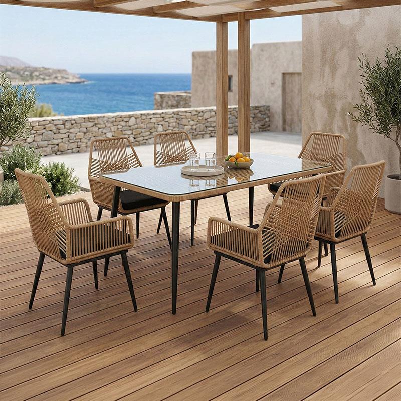 Τραπεζαρία Naoki-Tanish σετ 7 τμχ rattan φυσικό-μαύρο μέταλλο-γυαλί 160x90x78εκ