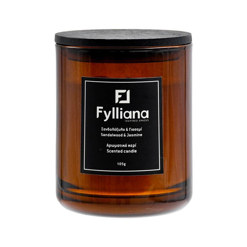 Αρωματικό Κερί FL6478 Fylliana "Σανδαλόξυλο και Γιασεμί" σε Γυάλινο Βάζο Καφέ Φ6,3x7,8 εκ.