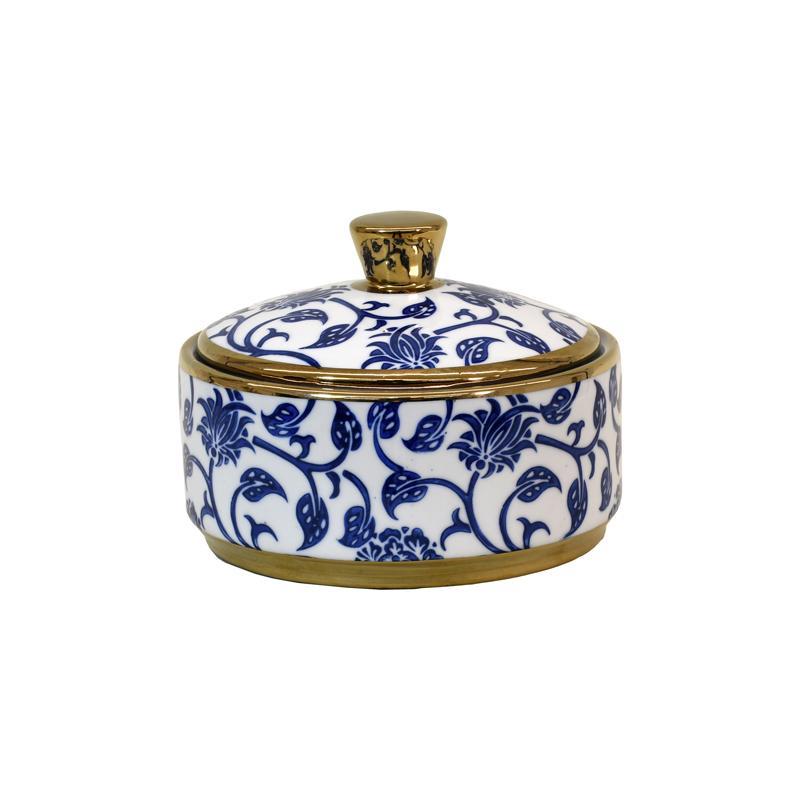 Κεραμικό Δοχείο με Καπάκι FL22960 Fylliana Μπλέ - Λευκό - Χρυσό Φ15x11 εκ.