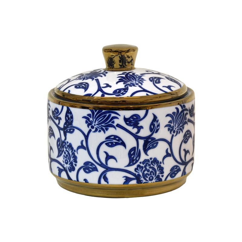 Κεραμικό Δοχείο με Καπάκι FL22960 Fylliana Μπλέ - Λευκό - Χρυσό Φ13x13 εκ.