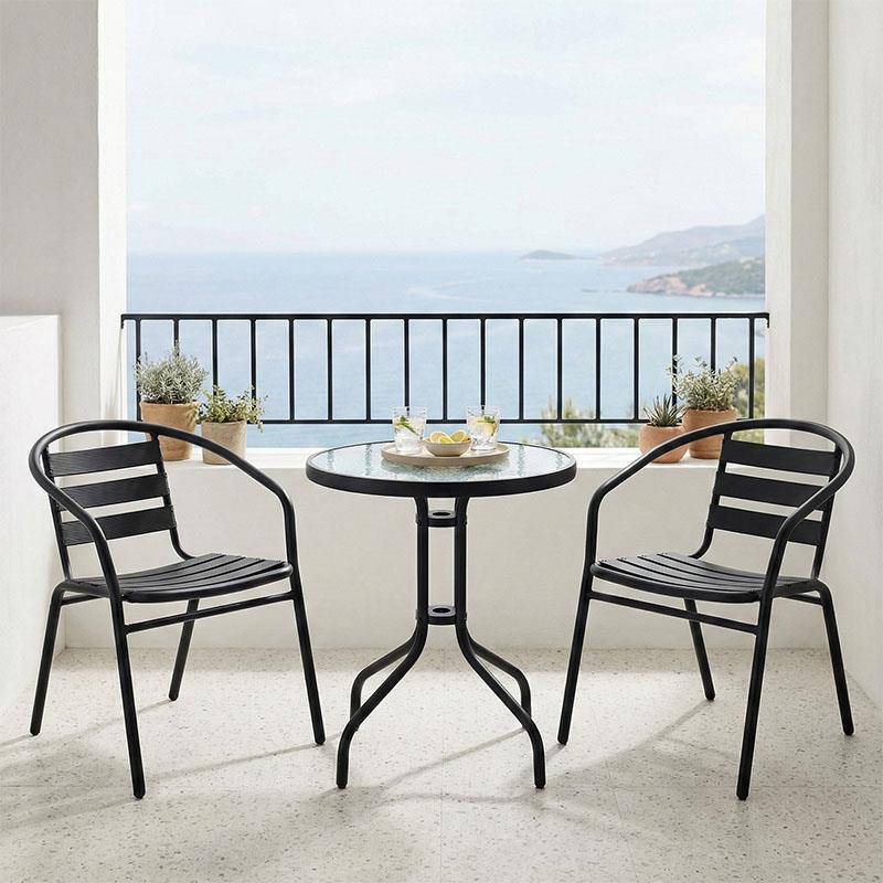 Σετ κήπου - Τραπεζαρία 3 τμχ Watson-Tade μέταλλο - γυαλί μαύρο Φ60x70 εκ.