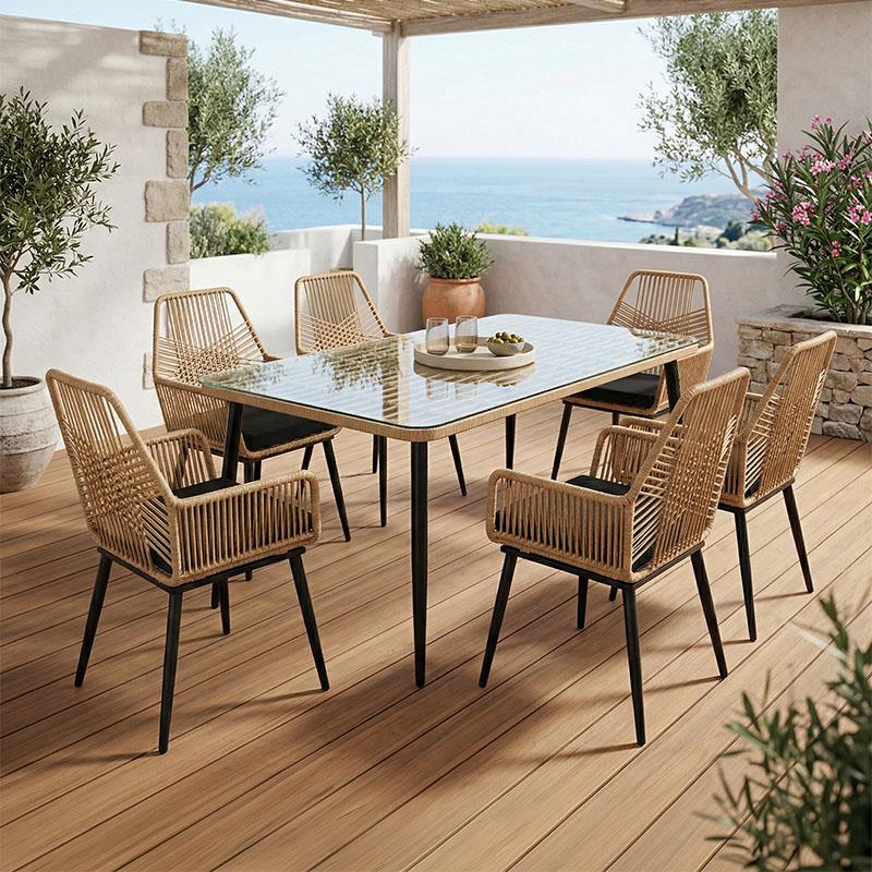 Σετ κήπου - Τραπεζαρία Naoki-Tanish 7 τεμ. μέταλλο μαύρο - pe φυσικό - γυαλί 160x90x78 εκ.