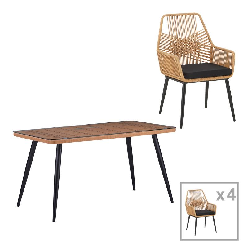 Σετ κήπου Τραπεζαρία Naoki-Tanish 5 τεμ. γυαλί - pe rattan φυσικό - μαύρα πόδια 140x80x78 εκ.